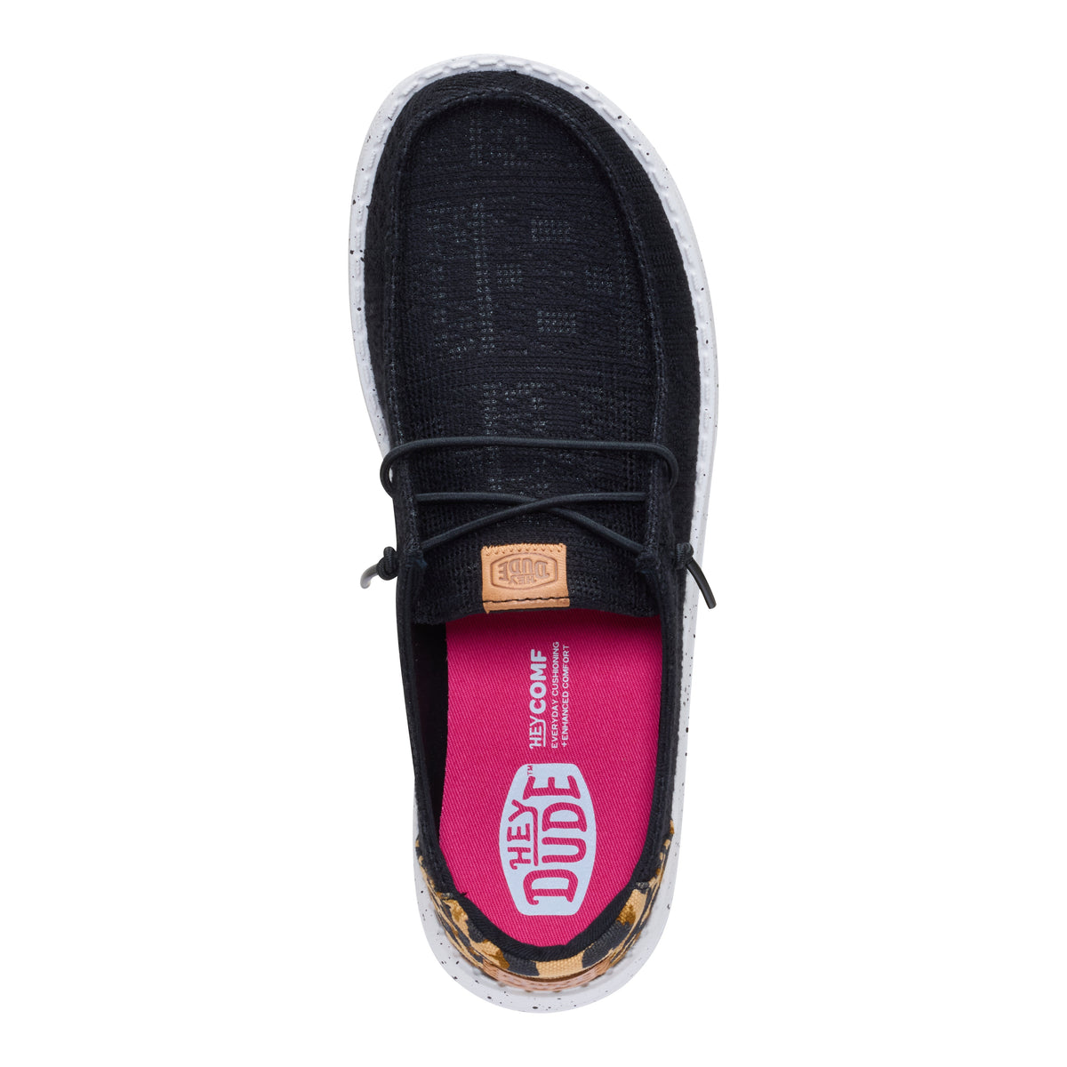 HEYDUDE Wendy Wildcat Black Leopard, vista superior con cordones elásticos