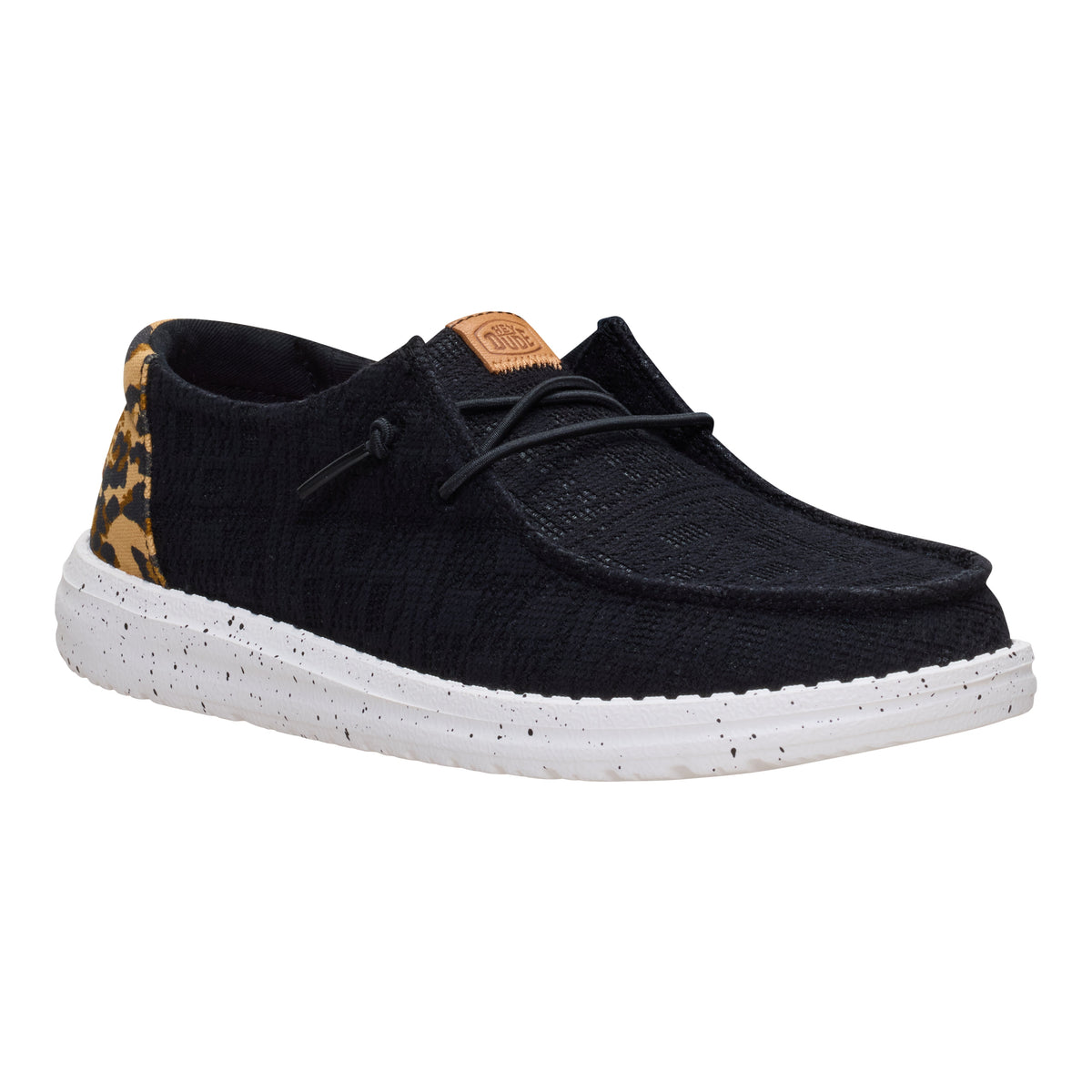 Zapato HEYDUDE Wendy Wildcat negro y leopardo, vista tres cuartos