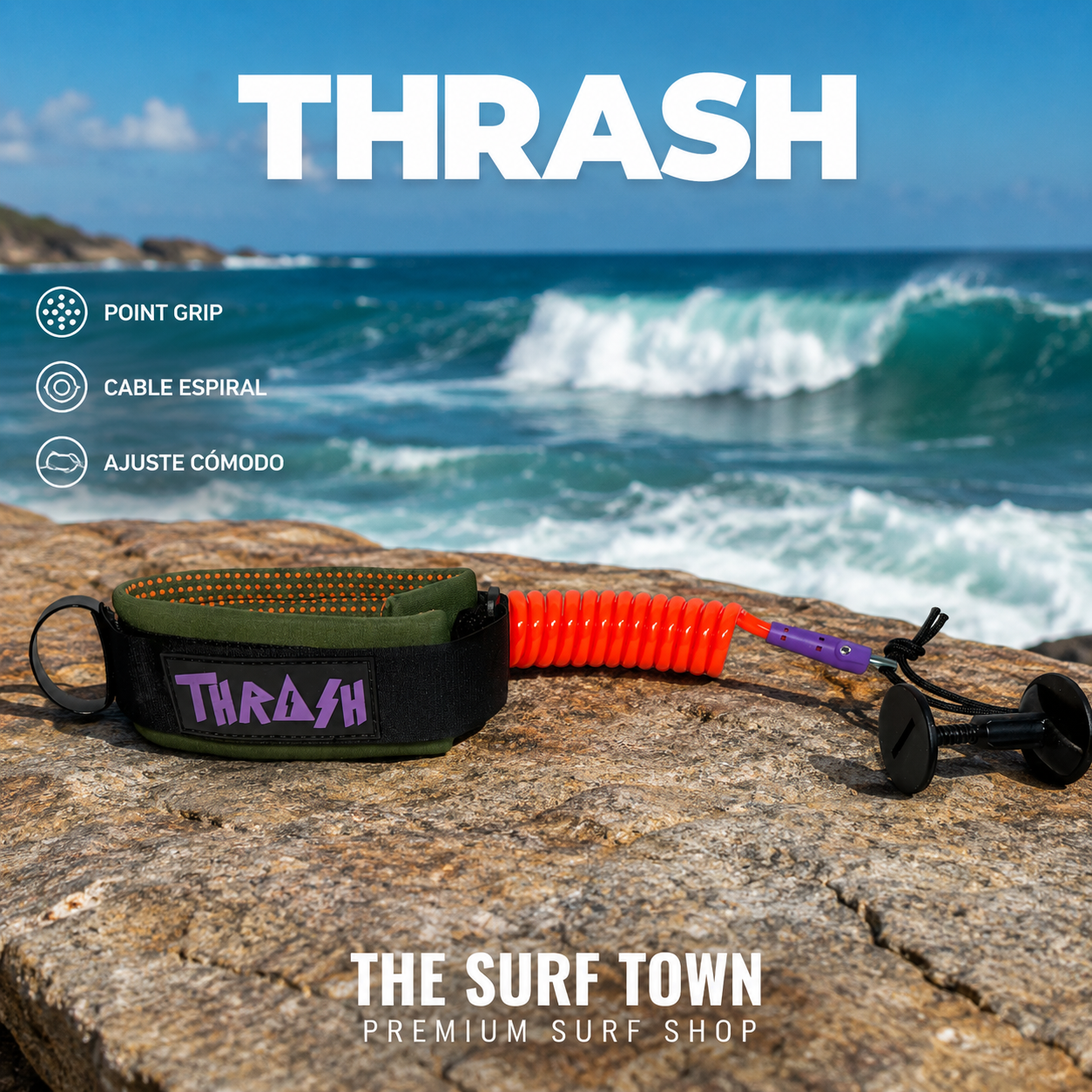 Invento Thrash Point Grip Bodyboard Army Orange con cable espiral naranja y brazalete acolchado verde militar, imagen editorial propia de THE SURF TOWN