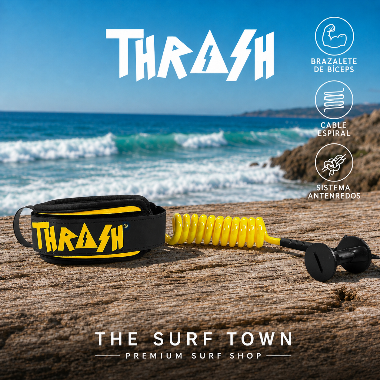 Invento THRASH Ultra Series Bíceps Black/Yellow para bodyboard con brazalete acolchado y cable espiral amarillo