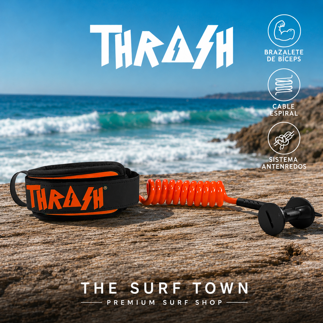 Invento THRASH Ultra Series Bíceps Orange/Black para bodyboard con brazalete acolchado y cable espiral naranja