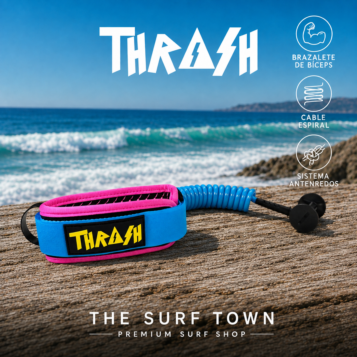 Invento THRASH V-Grip Bíceps Blue/Pink para bodyboard con brazalete acolchado y cable espiral azul