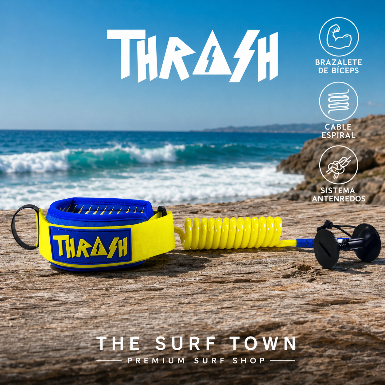 Invento THRASH V-Grip Bíceps Blue/Yellow para bodyboard con brazalete acolchado y cable espiral amarillo