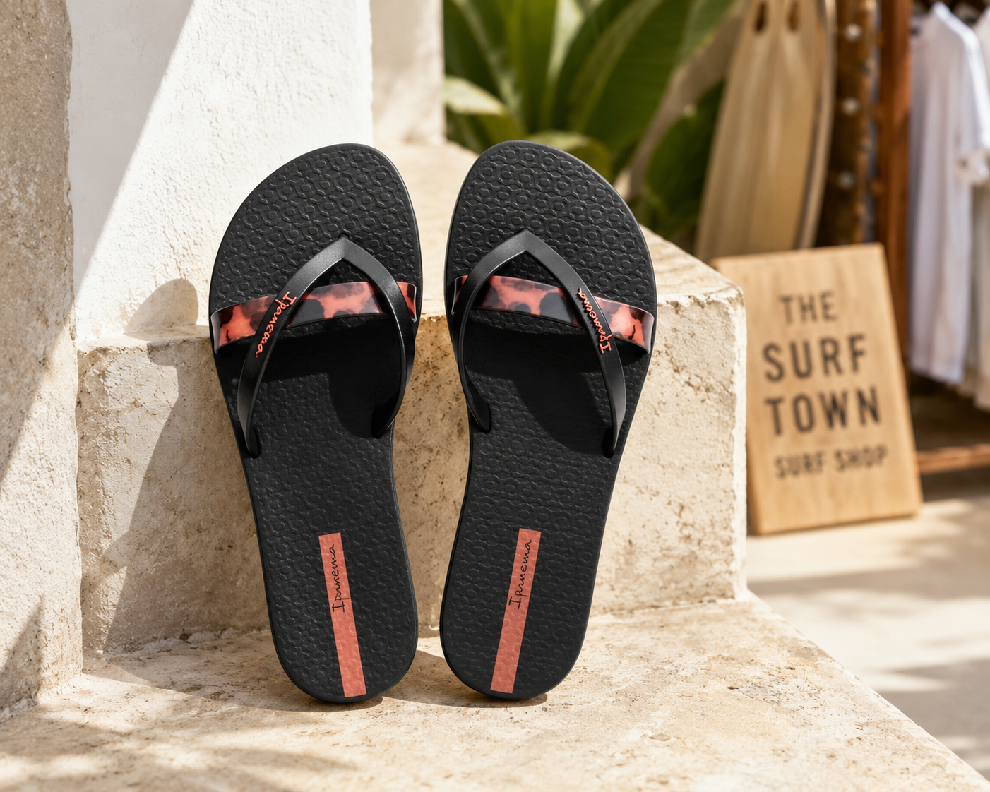 Chanclas Ipanema negras con detalle animal print en escenario coastal luxury mediterráneo premium