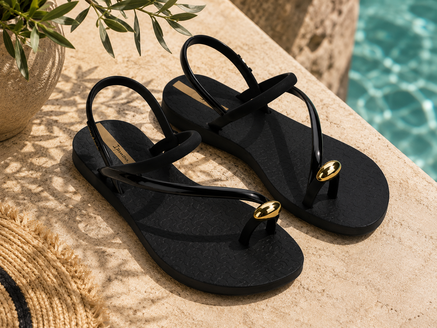 Sandalias Ipanema Glam Ring negras con detalle dorado en terraza mediterránea junto a piscina premium