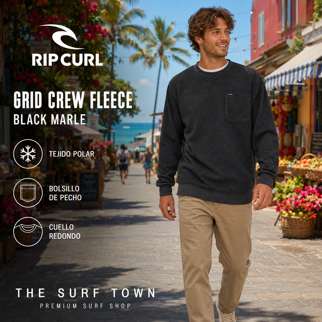 Hombre con jersey Rip Curl Grid Crew Fleece Black Marle en un destino vacacional, imagen editorial propia de THE SURF TOWN