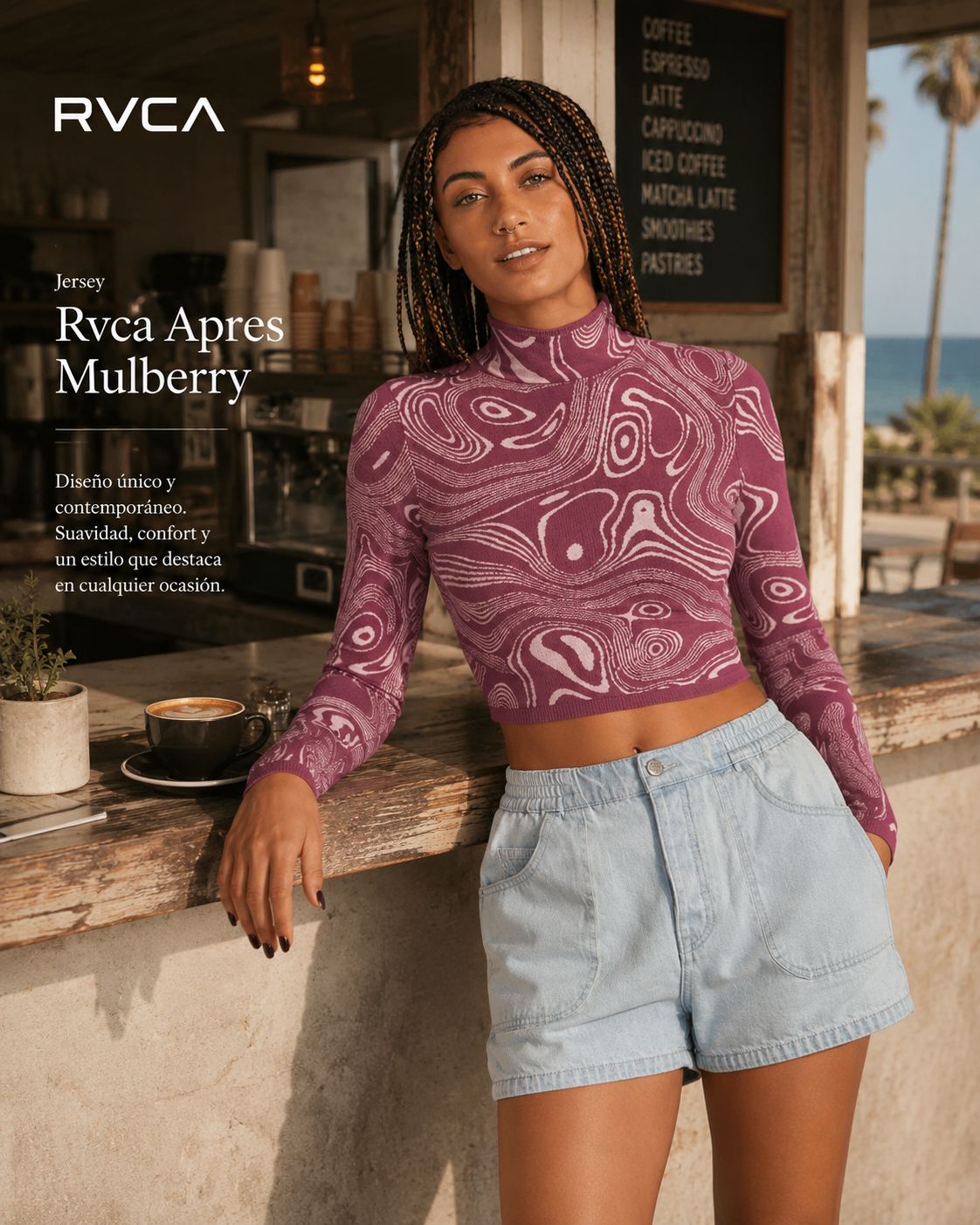 Jersey Rvca Apres Mulberry de mujer en café coastal premium con estética editorial surfwear y luz natural