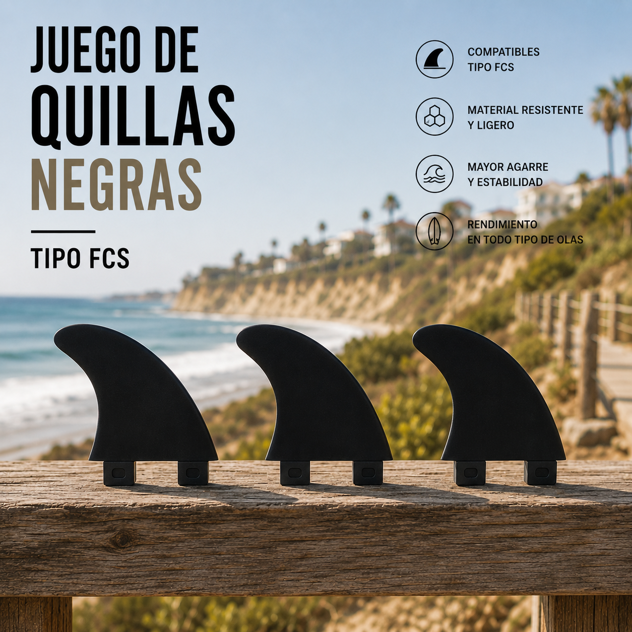 Juego de Quillas Negras Tipo FCS en fotografía editorial propia de THE SURF TOWN, set de tres quillas de surf negras para tablas compatibles con sistema FCS