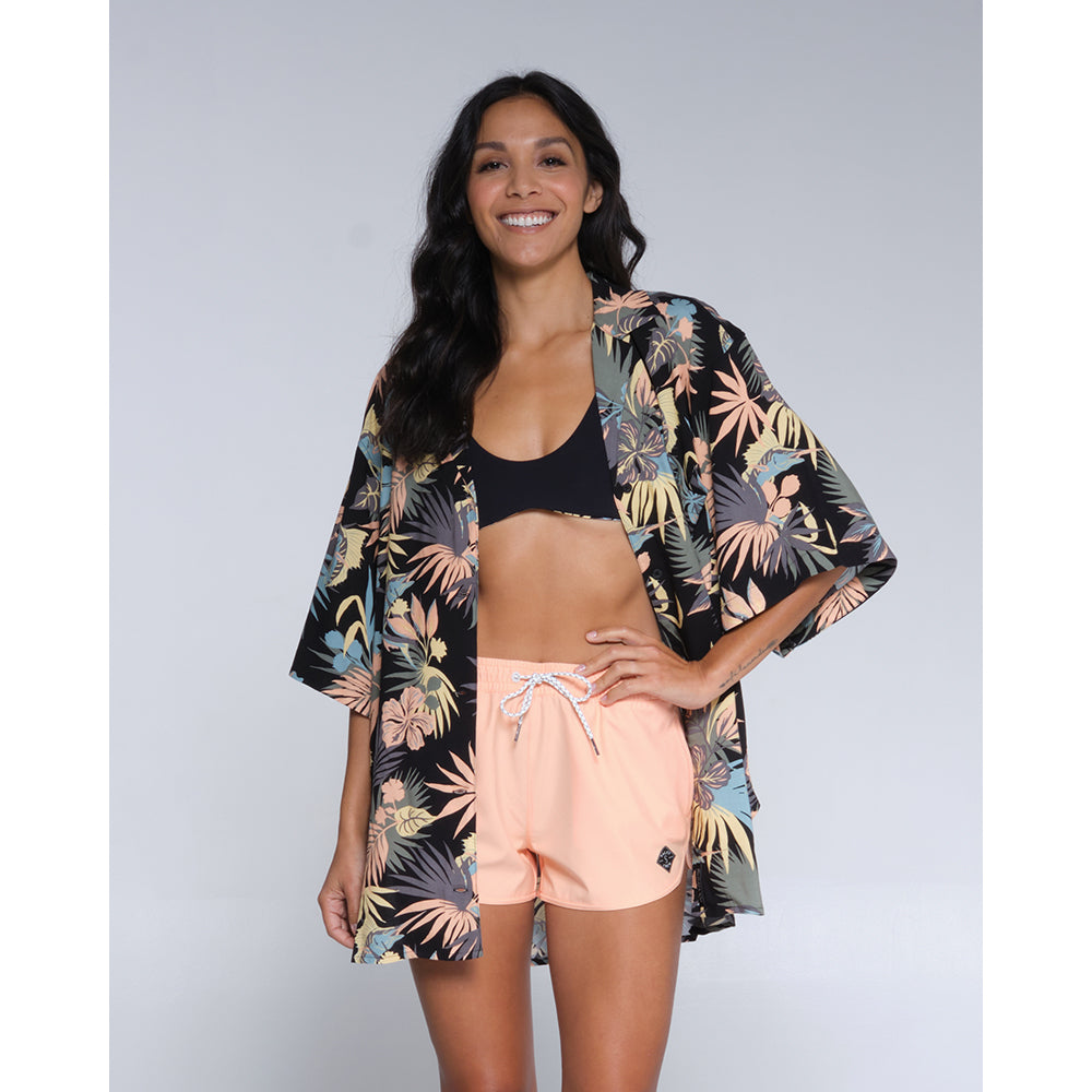 Kimono SALTY CREW Desert Island Cover Up Black mujer kimono playa estampado tropical