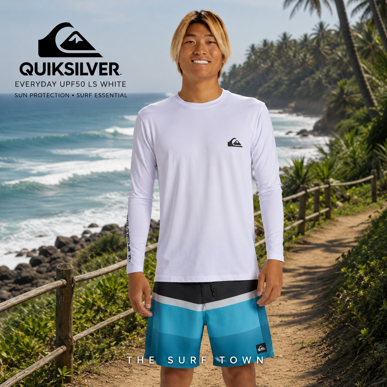Licra Quiksilver Everyday UPF50 LS White en fotografía editorial propia de THE SURF TOWN junto a acantilados y olas en surf trip tropical premium