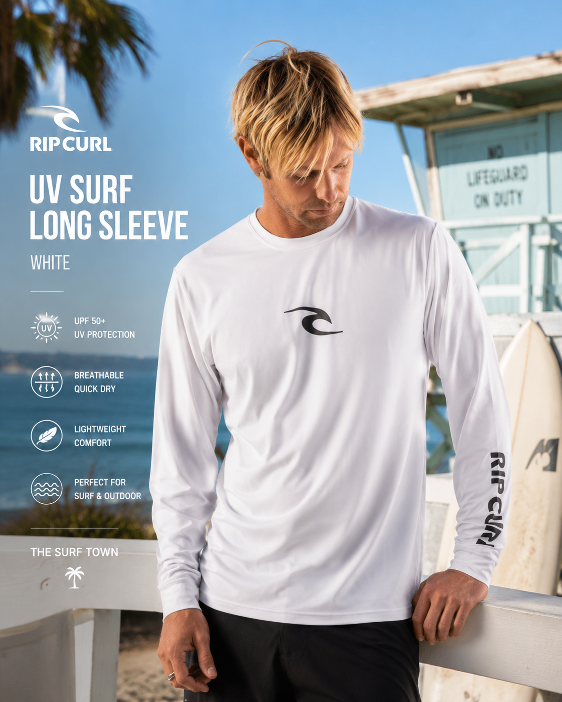 Licra Rip Curl Amazon Tight Fit Rash LS White en escenario surf performance premium junto al mar con estética lifestyle deportiva