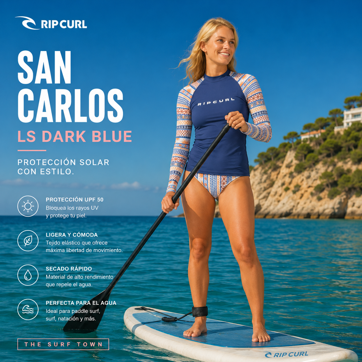 Licra Rip Curl San Carlos LS Dark Blue para mujer practicando paddle surf en aguas cristalinas con protección solar UPF 50