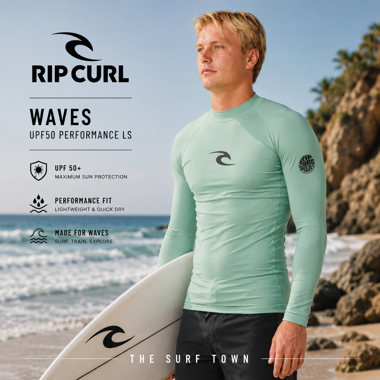 Licra Rip Curl Waves UPF50 Performance Aloe LS para hombre en fotografía editorial propia de THE SURF TOWN junto al mar con protección solar UPF 50+, manga larga, secado rápido y diseño surf performance color aloe.