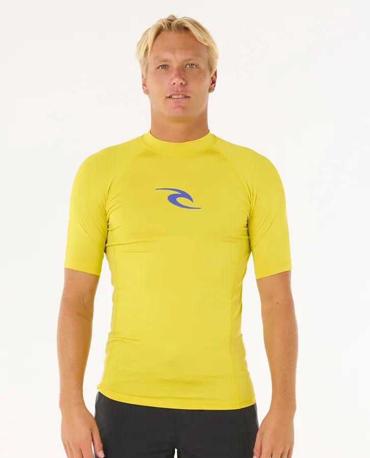 licra RIP CURL hombre amarilla UPF 50 surf manga corta protección solar cómoda