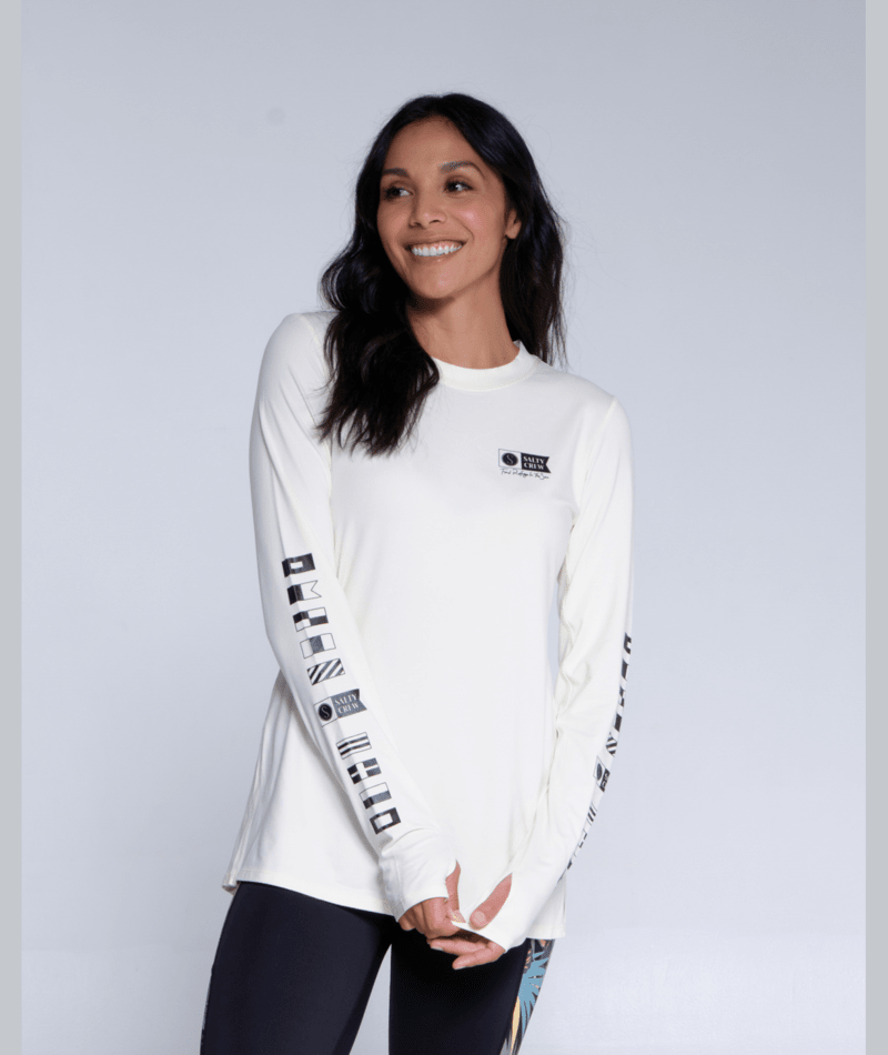 Licra Salty Crew Thrill Seekers Crew Sunshirt White para mujer con manga larga y protección solar para surf y deportes acuáticos