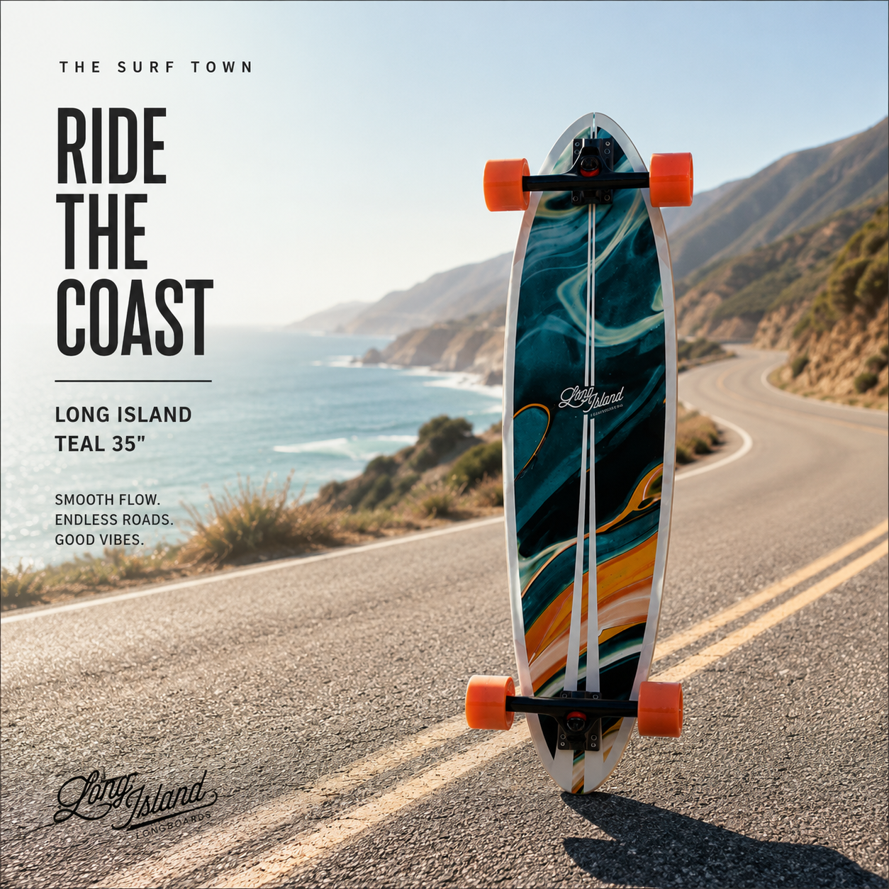 LongSkate Long Island Teal 35 en fotografía editorial propia de THE SURF TOWN sobre carretera costera premium con estilo surf skate lifestyle y vistas al océano