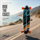 LongSkate Long Island Teal 35 en fotografía editorial propia de THE SURF TOWN sobre carretera costera premium con estilo surf skate lifestyle y vistas al océano