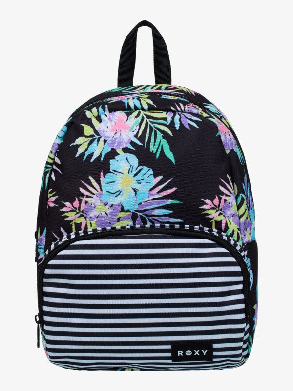 Mochila ROXY Always Core Printed Anthracite Aquarella Active con estampado floral tropical y bolsillo frontal a rayas