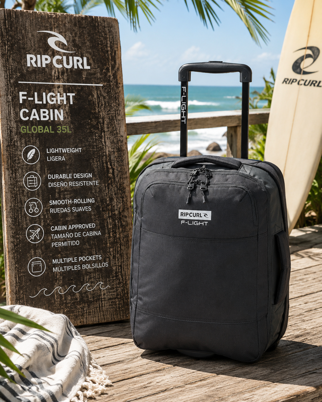 Maleta Rip Curl F-Light Cabin 30L Midnight Black en escenario surf travel premium con estética coastal adventure luminosa