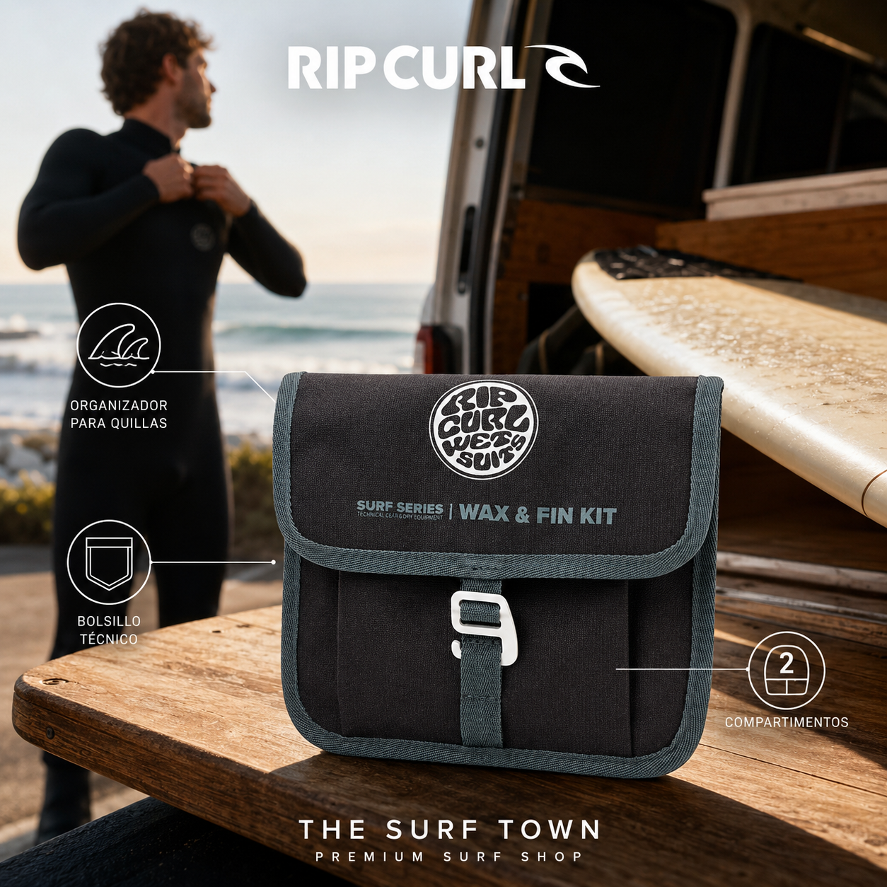 Maletín Rip Curl Mini Chaos Surf Series Black Grey para accesorios de surf, imagen editorial propia de THE SURF TOWN