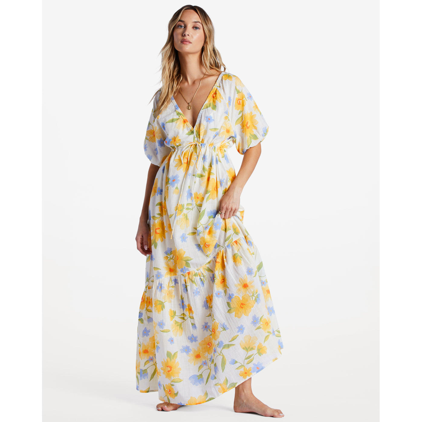 Maxi vestido BILLABONG Lost In Love largo floral blanco y amarillo para mujer