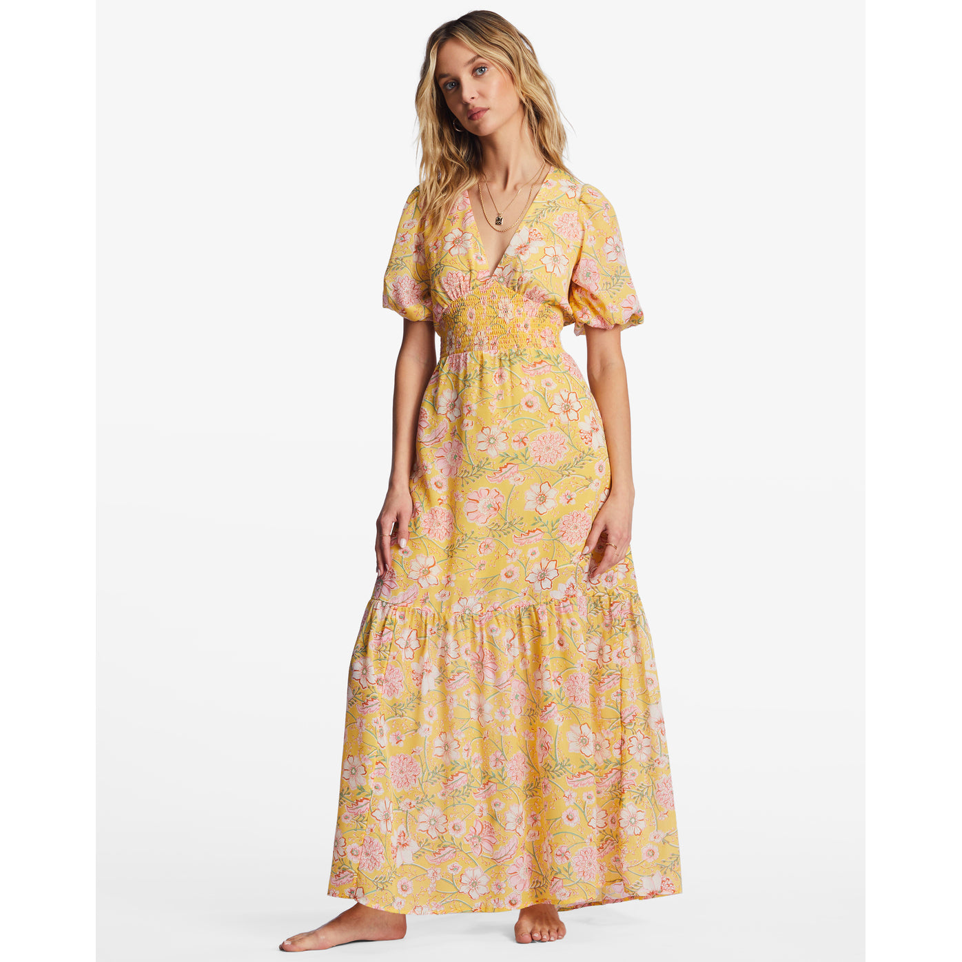 Maxi vestido BILLABONG Spellbound Golden Peach largo floral color mostaza para mujer
