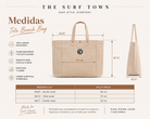 Guía de medidas del Bolso de Playa The Surf Town Tote Beach Bag con dimensiones detalladas, capacidad shopper grande y diseño exclusivo THE SURF TOWN para playa y verano.