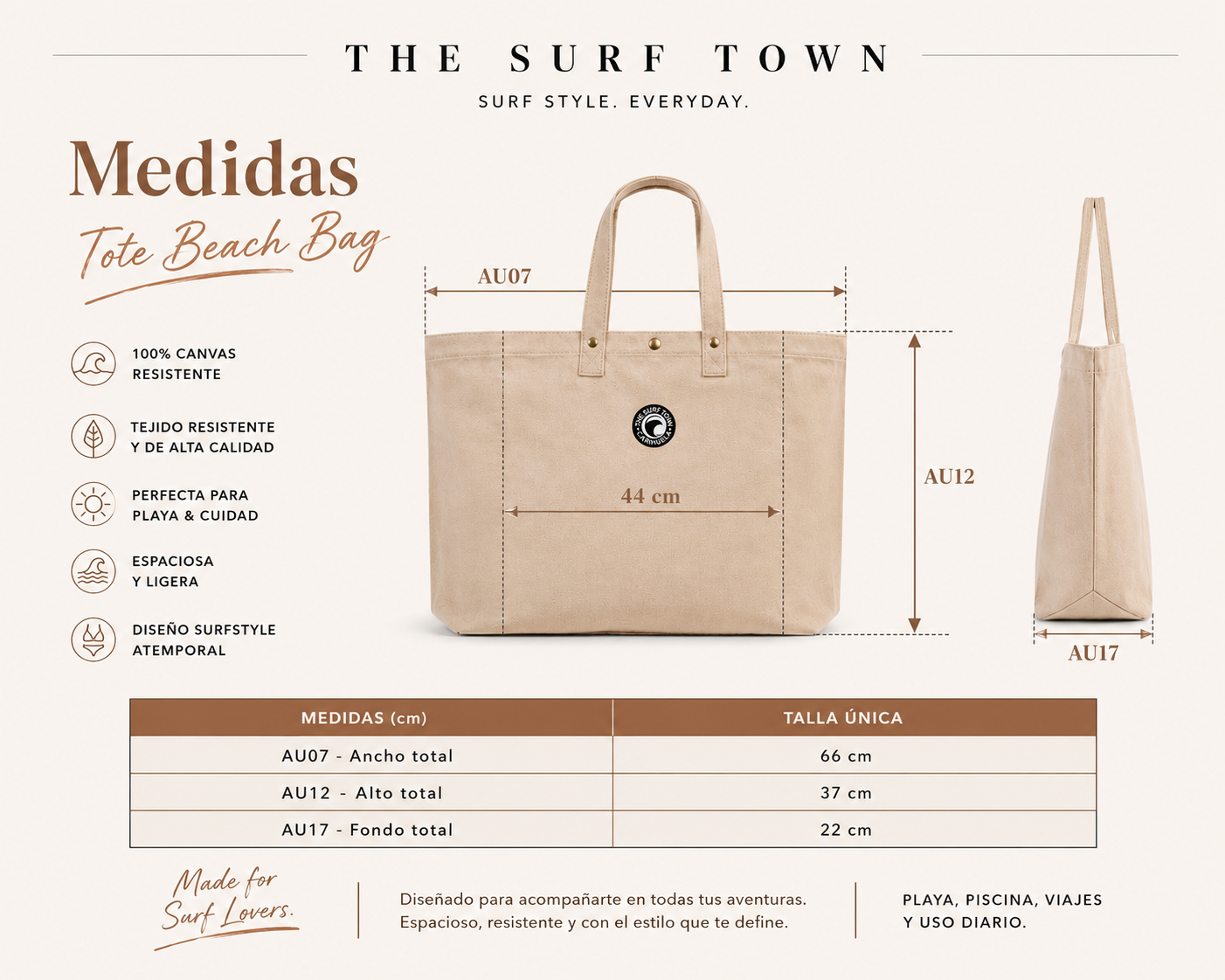 Guía de medidas del Bolso de Playa The Surf Town Tote Beach Bag con dimensiones detalladas, capacidad shopper grande y diseño exclusivo THE SURF TOWN para playa y verano.