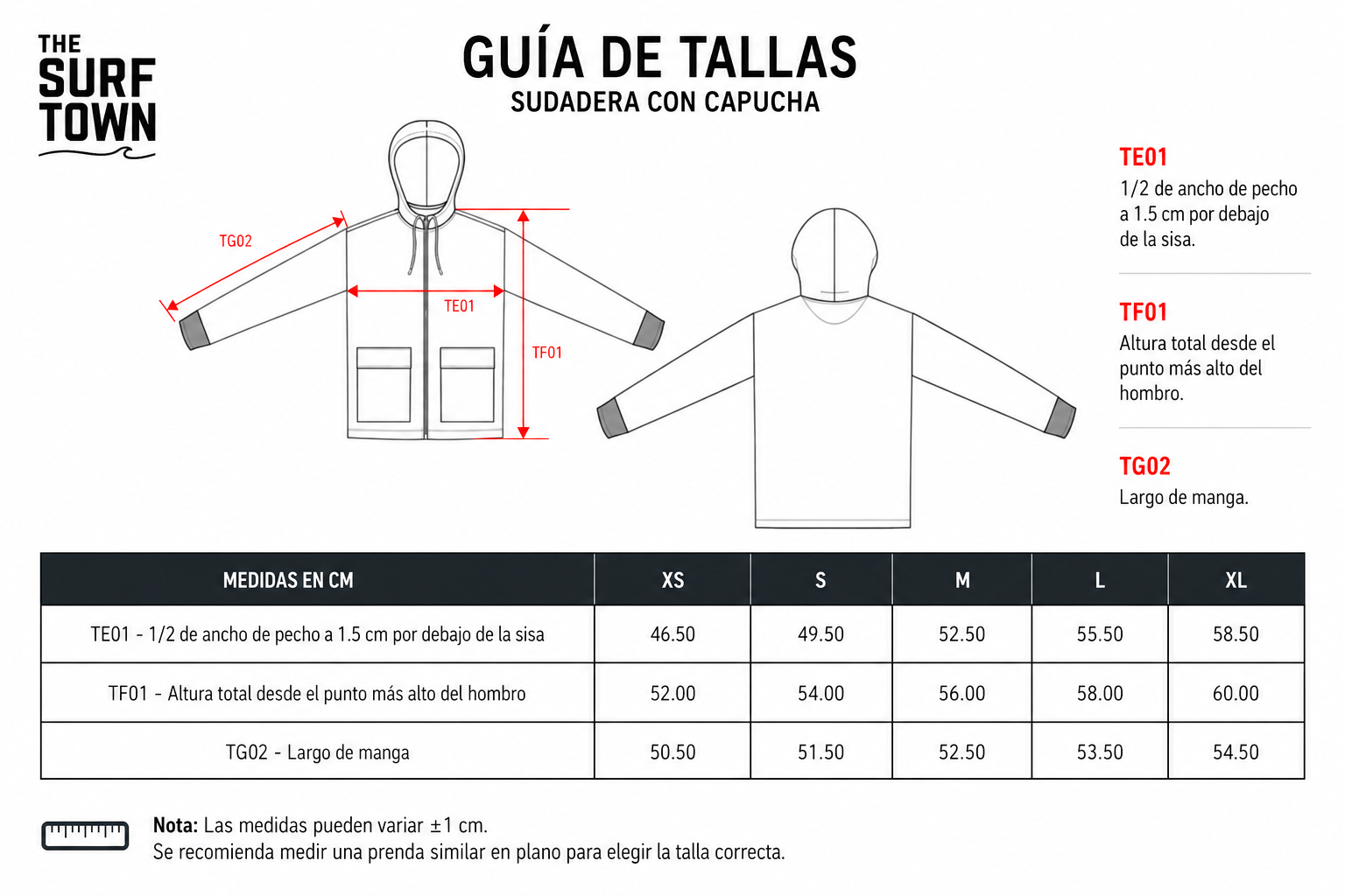 medidas de las sudaderas tst premium de the surf town