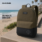 Mochila Dakine 365 Pack 21L Dark Olive en fotografía editorial propia de THE SURF TOWN, mochila verde oliva fabricada con materiales reciclados para uso diario, viajes y surf lifestyle