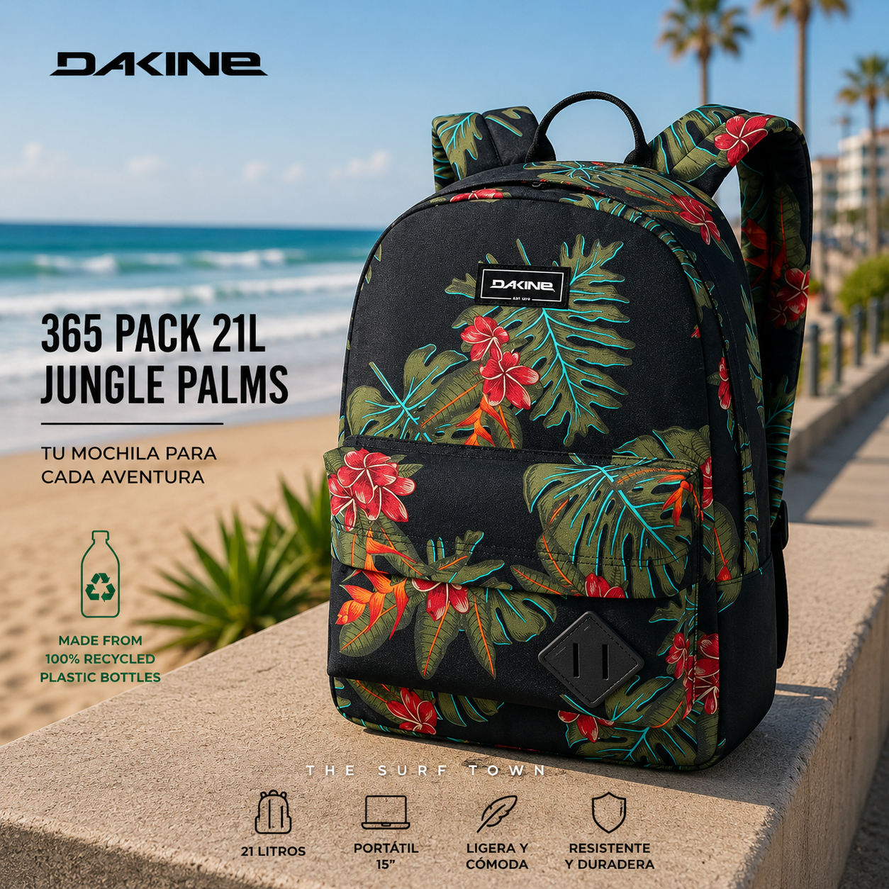 Mochila Dakine 365 Pack 21L Jungle Palms en fotografía editorial propia de THE SURF TOWN, mochila estampada tropical con hojas y flores fabricada con materiales reciclados para uso diario y surf lifestyle