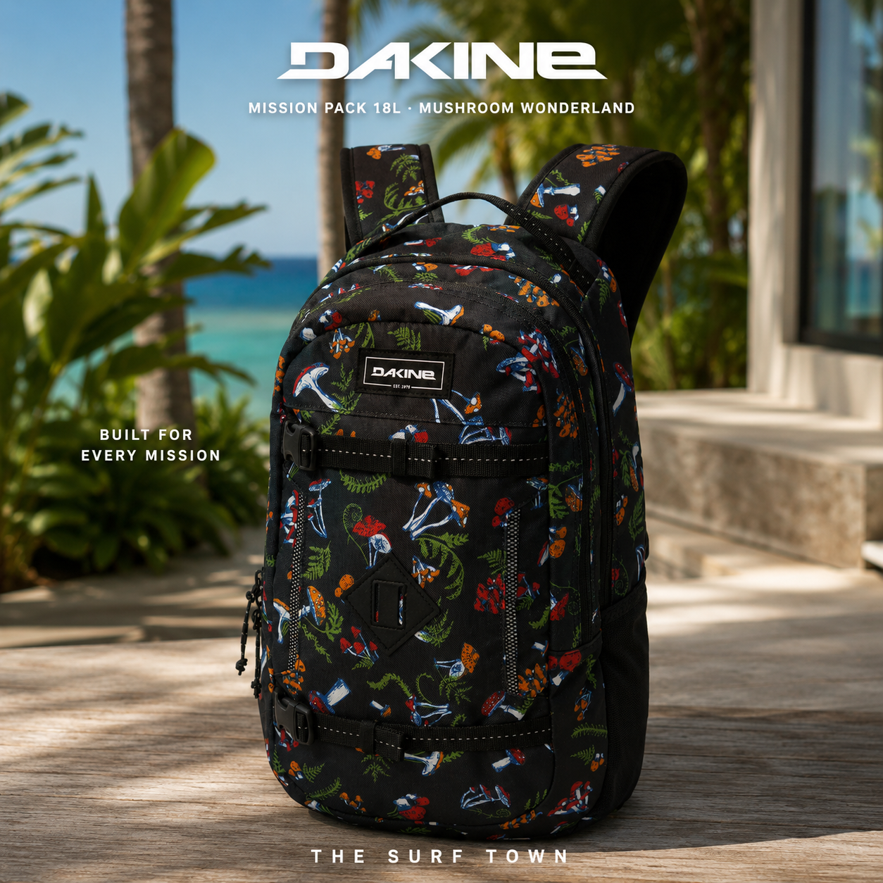 Mochila Dakine Mission Pack 18L Mushroom Wonderland en fotografía editorial propia de THE SURF TOWN en resort tropical premium junto al océano