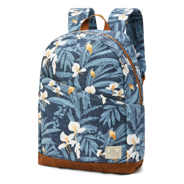 Mochila DAKINE Wednesday Backpack 21L Okika con estampado floral tropical azul y bolsillos laterales