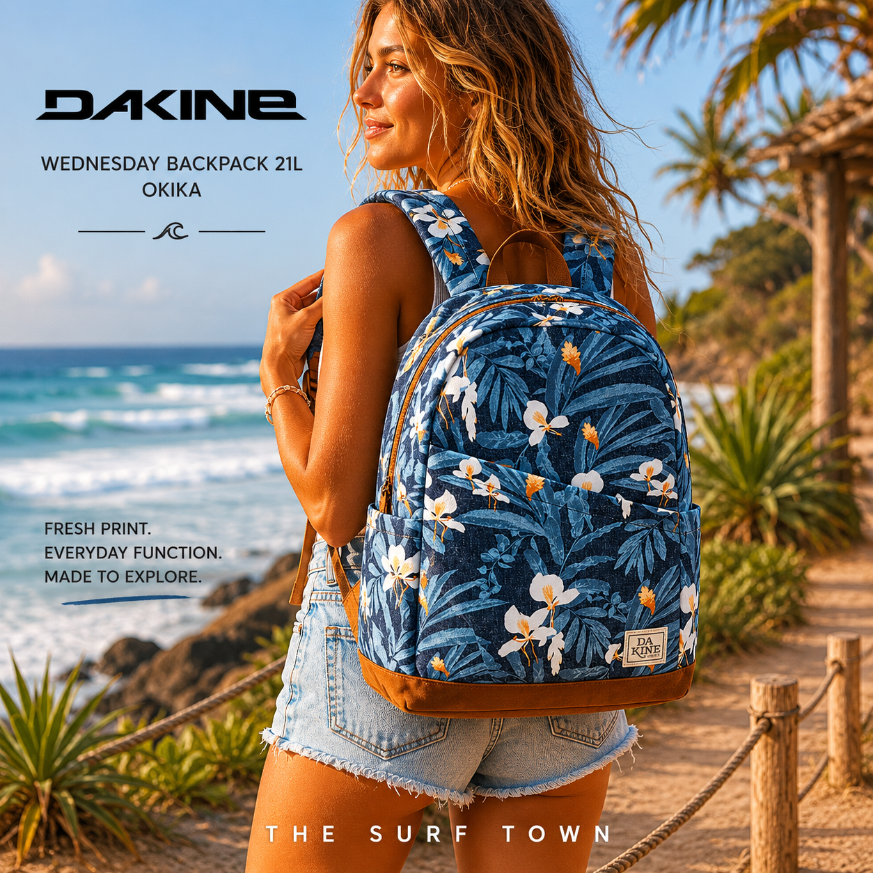 Mochila Dakine Wednesday Backpack 21L Okika en fotografía editorial propia de THE SURF TOWN junto a la costa en surf lifestyle tropical premium
