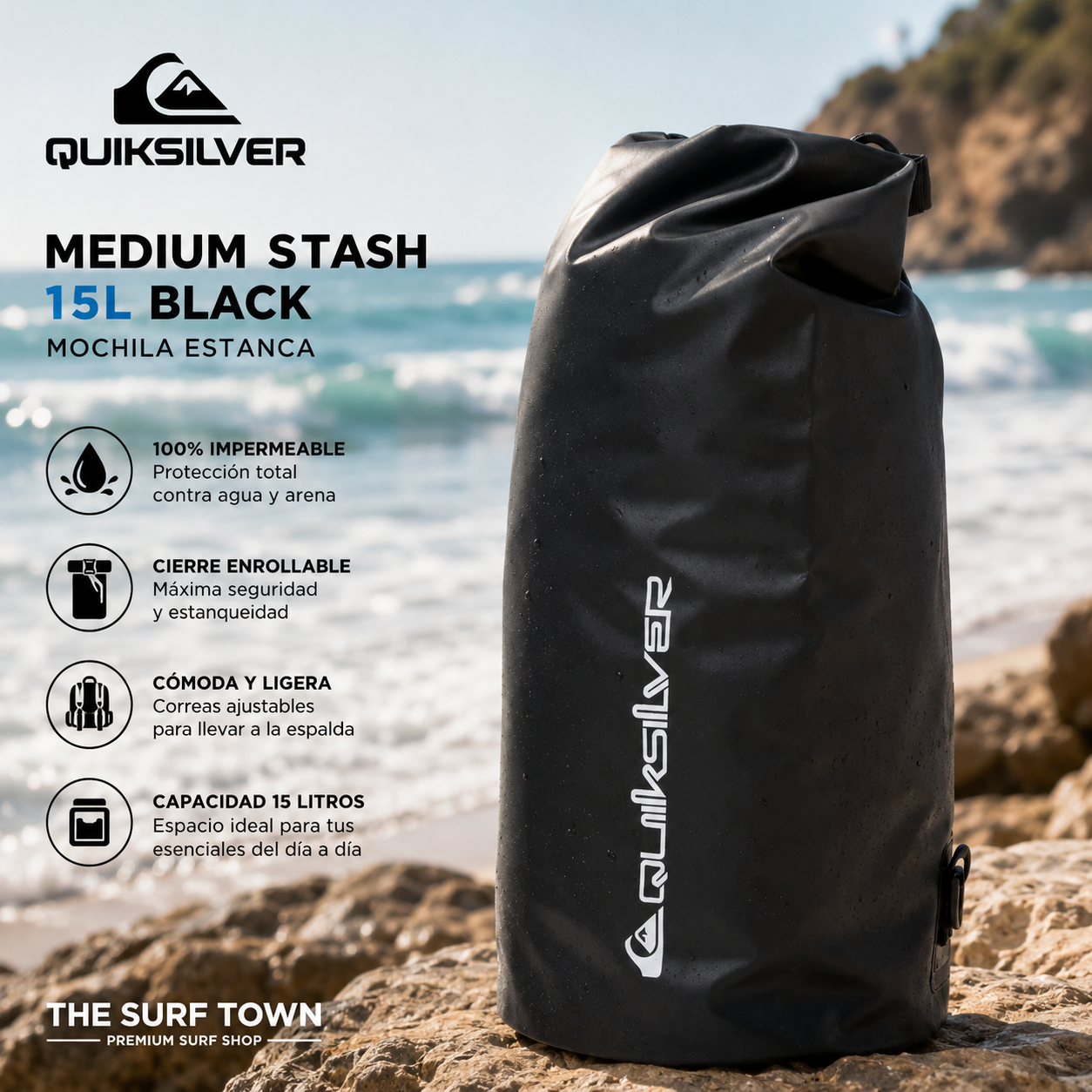Mochila Estanca Quiksilver Medium Stash 15L Black para surf y playa, imagen editorial propia de THE SURF TOWN