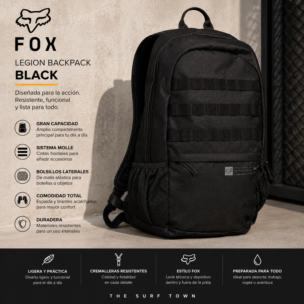 Mochila Fox Legion Backpack Black en fotografía editorial propia de THE SURF TOWN con diseño técnico, gran capacidad y estilo deportivo para trabajo, viajes y uso diario