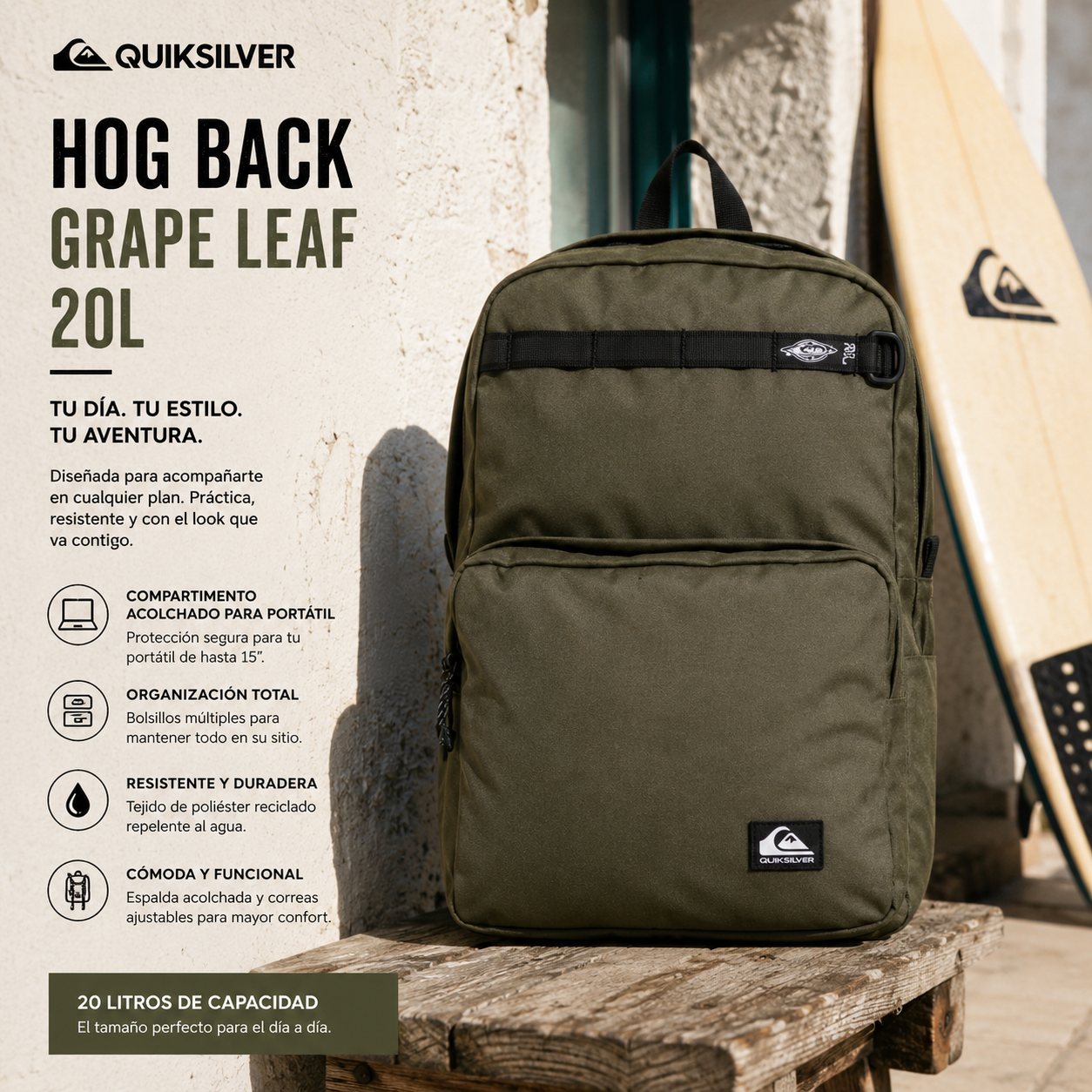 Mochila Quiksilver Hog Back Grape Leaf 20L estilo surf travel premium