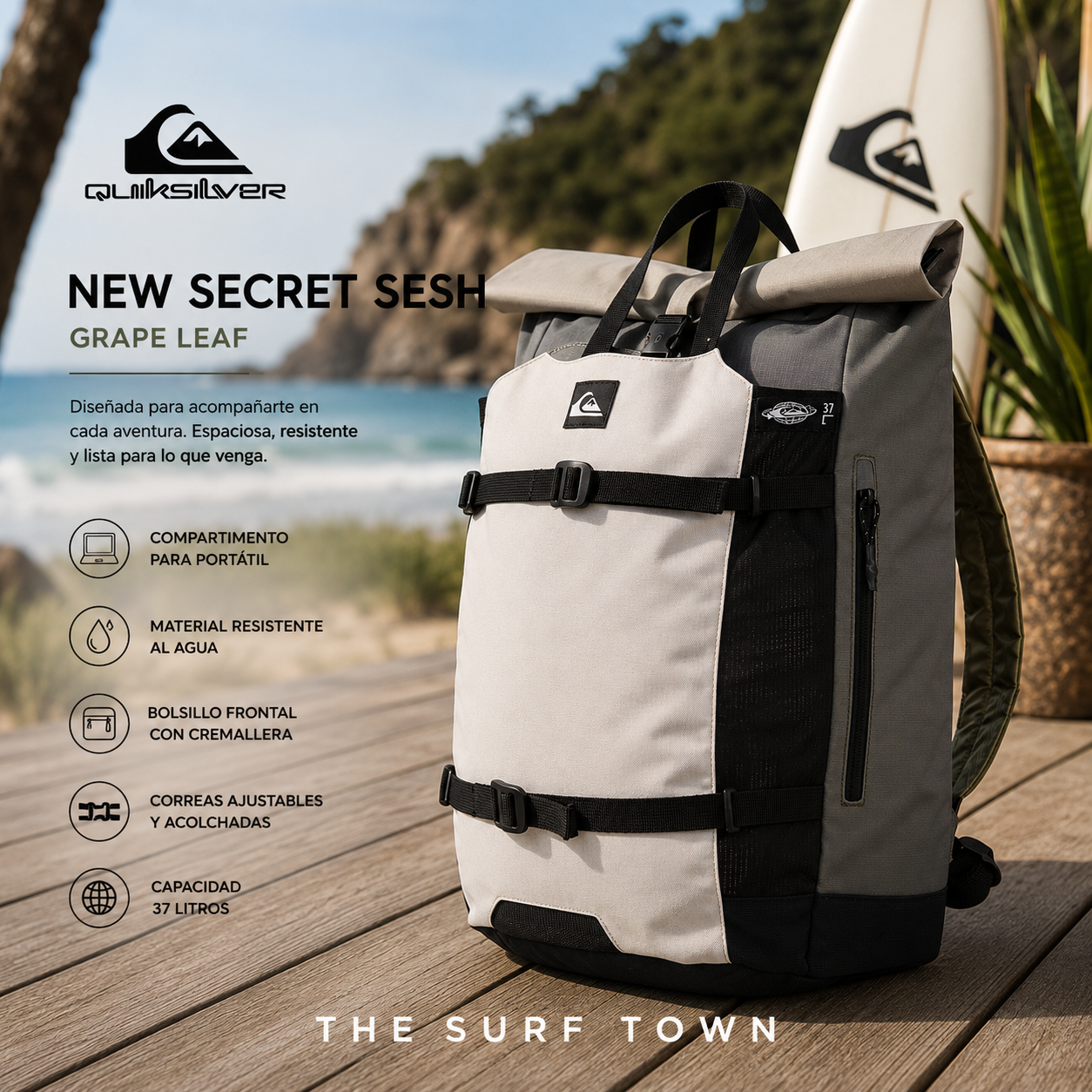 Mochila Quiksilver New Secret Sesh Grape Leaf en fotografía editorial propia de THE SURF TOWN con estilo surf lifestyle premium y luz solar intensa