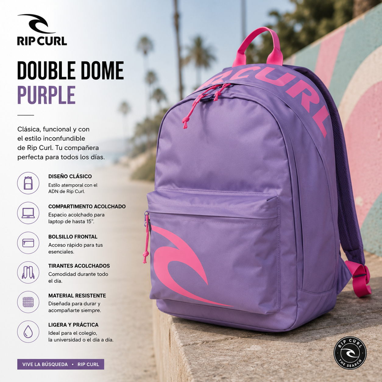 Mochila Rip Curl Double Dome Purple morada con detalles rosas en escena editorial surf lifestyle premium