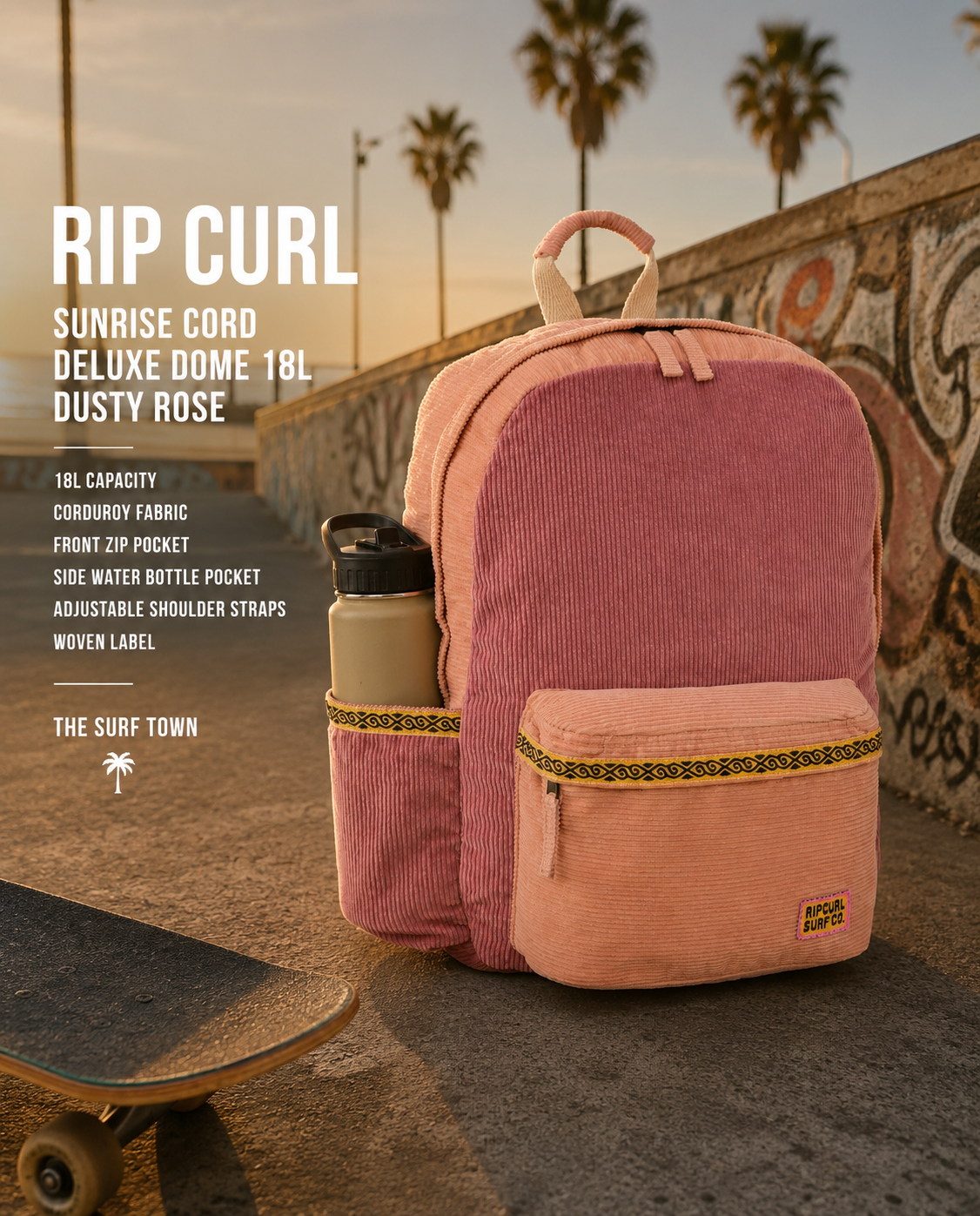 Mochila Rip Curl Icons 18L Cord Lilac en skatepark sunset con estética surf skate lifestyle premium