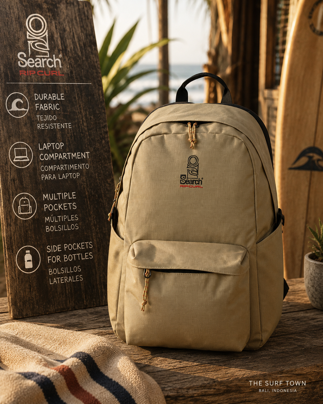 Mochila Rip Curl Search Crusha 30L Khaki en escenario surf lifestyle premium con estética coastal adventure