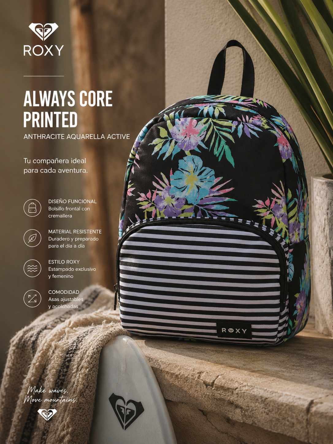 Mochila Roxy Always Core Printed Anthracite Aquarella Active estilo beach lifestyle premium para mujer