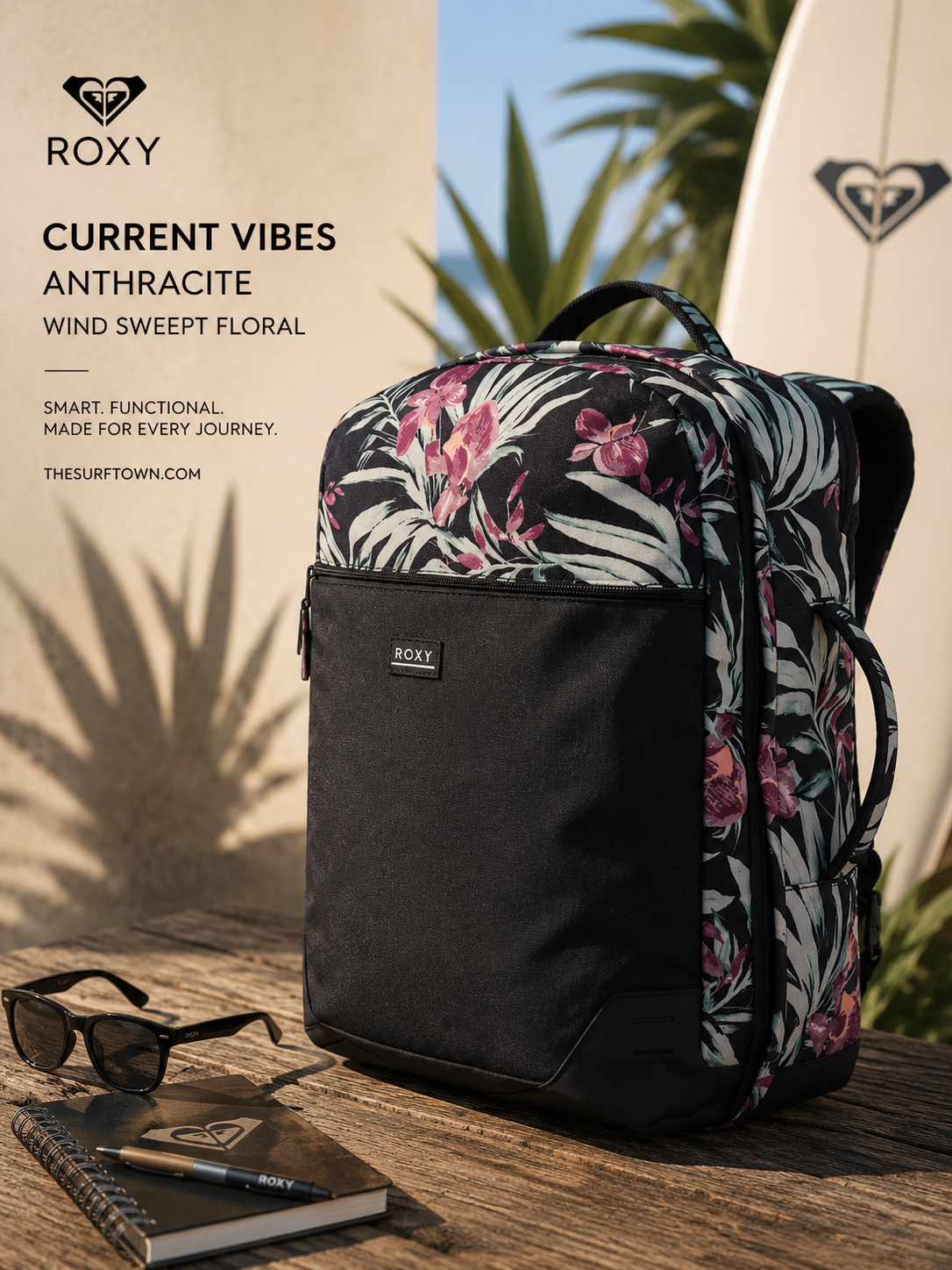 Mochila Roxy Current Vibes Anthracite Wind Swept Floral lifestyle surf premium mujer