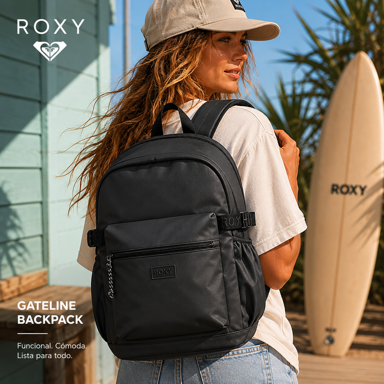 Mochila Roxy Gateline Anthracite negra estilo surfwear premium para mujer