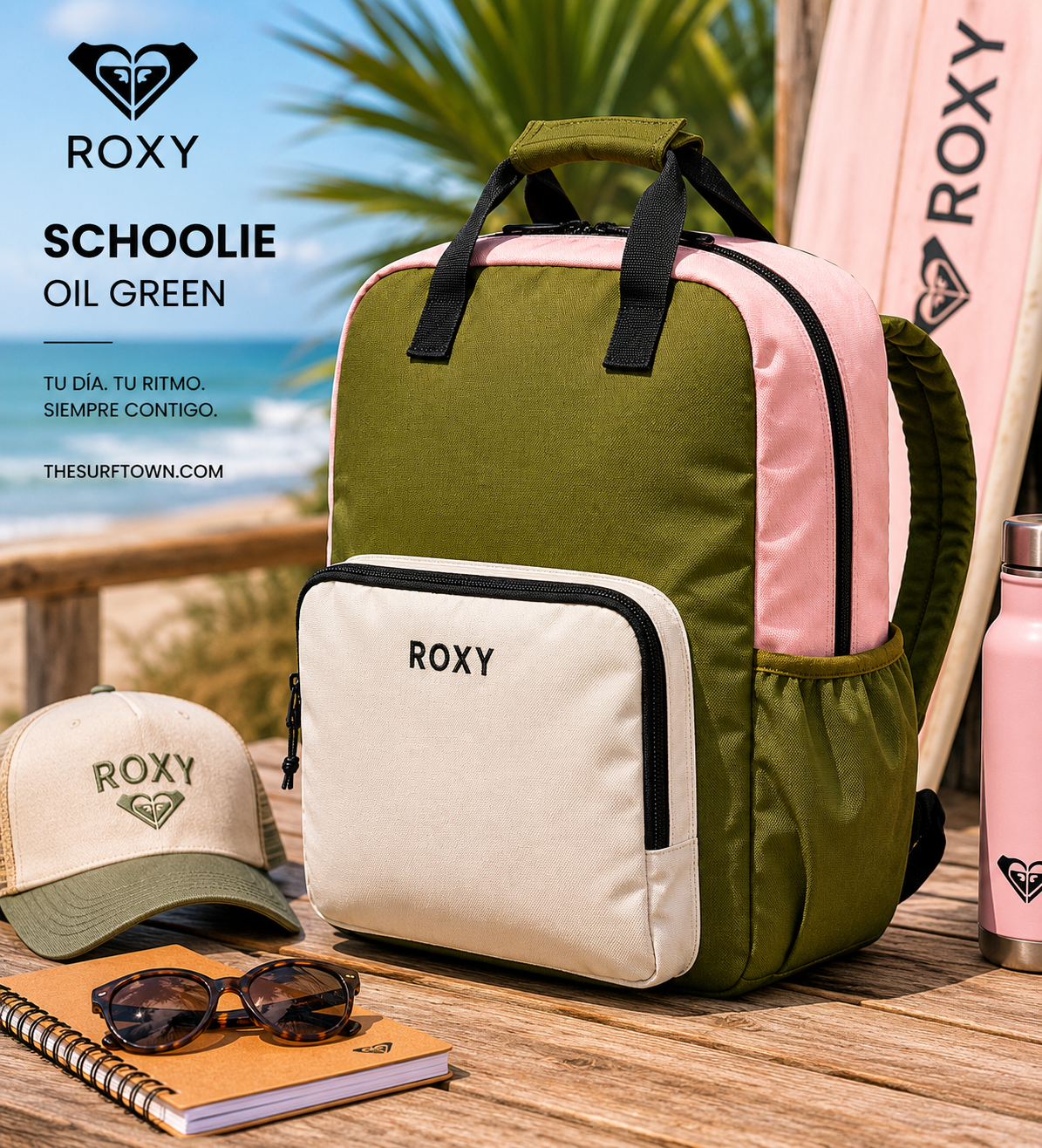 Mochila Roxy Schoolie Oil Green lifestyle surf premium mujer