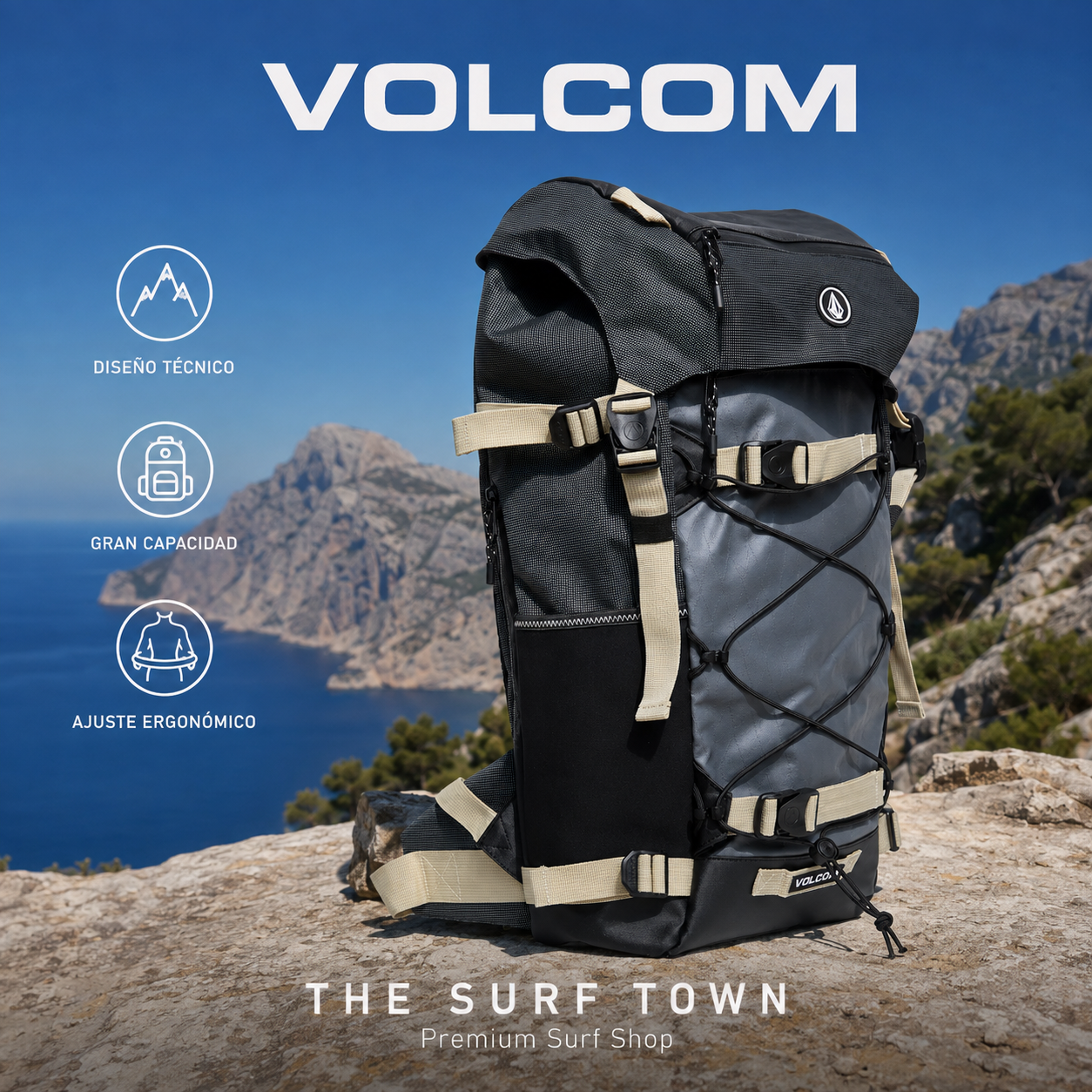 Mochila Volcom Peakstone Mountain Grey de 27 litros en un paisaje de montaña, imagen editorial propia de THE SURF TOWN