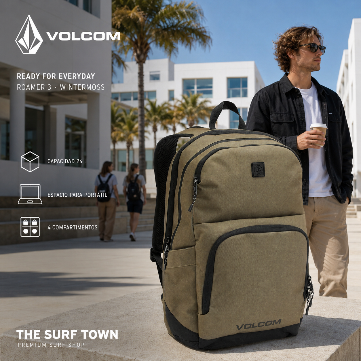 Mochila Volcom Roamer 3 Wintermoss de 24 litros en un campus costero, imagen editorial propia de THE SURF TOWN