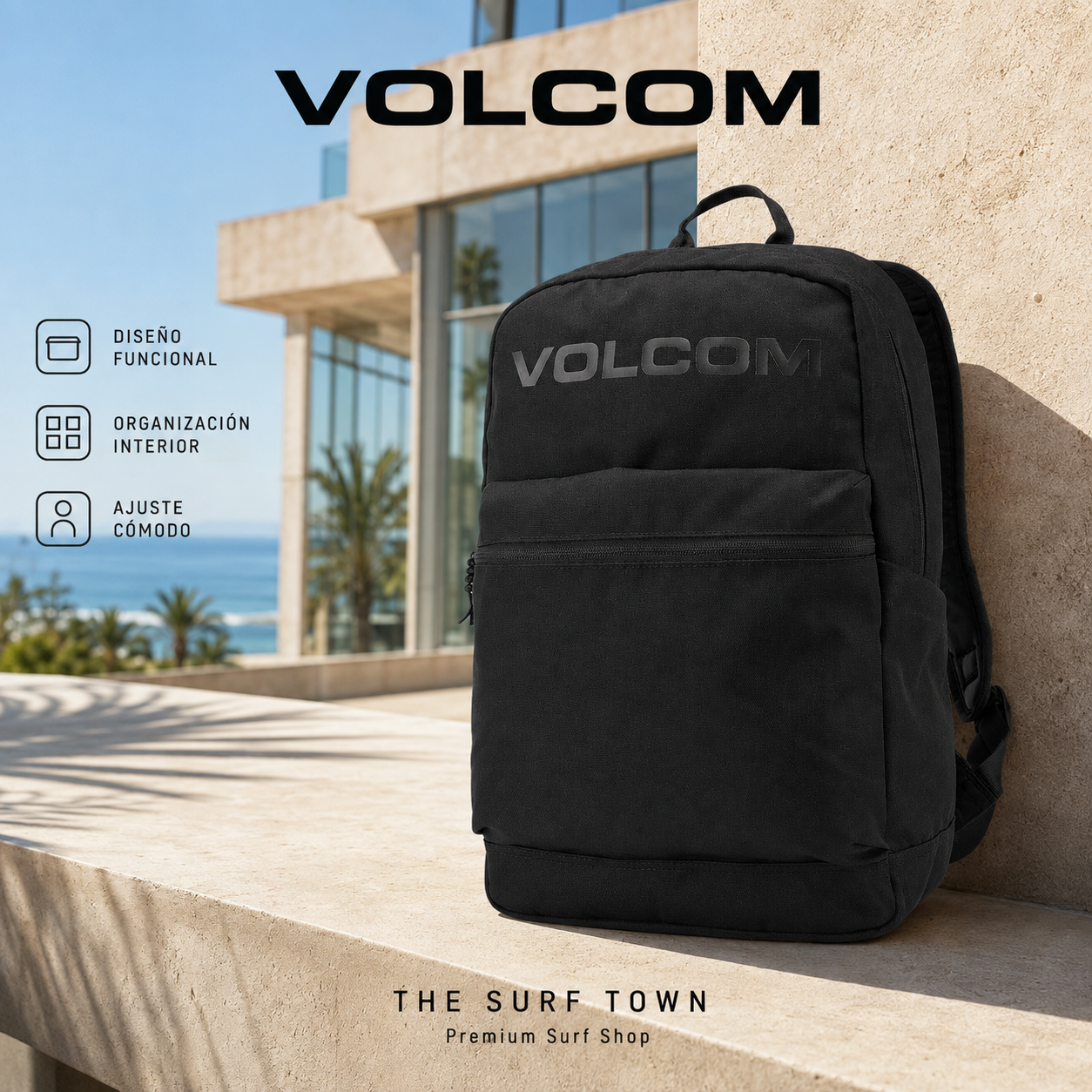 Mochila Volcom School Black de 26 litros en exterior universitario, imagen editorial propia de THE SURF TOWN
