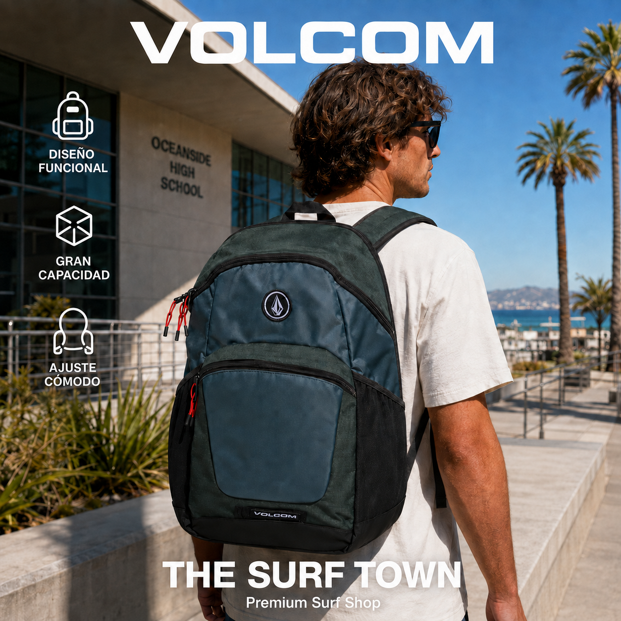 Mochila Volcom Slam School Balsam Green con compartimento para portátil, imagen editorial propia de THE SURF TOWN