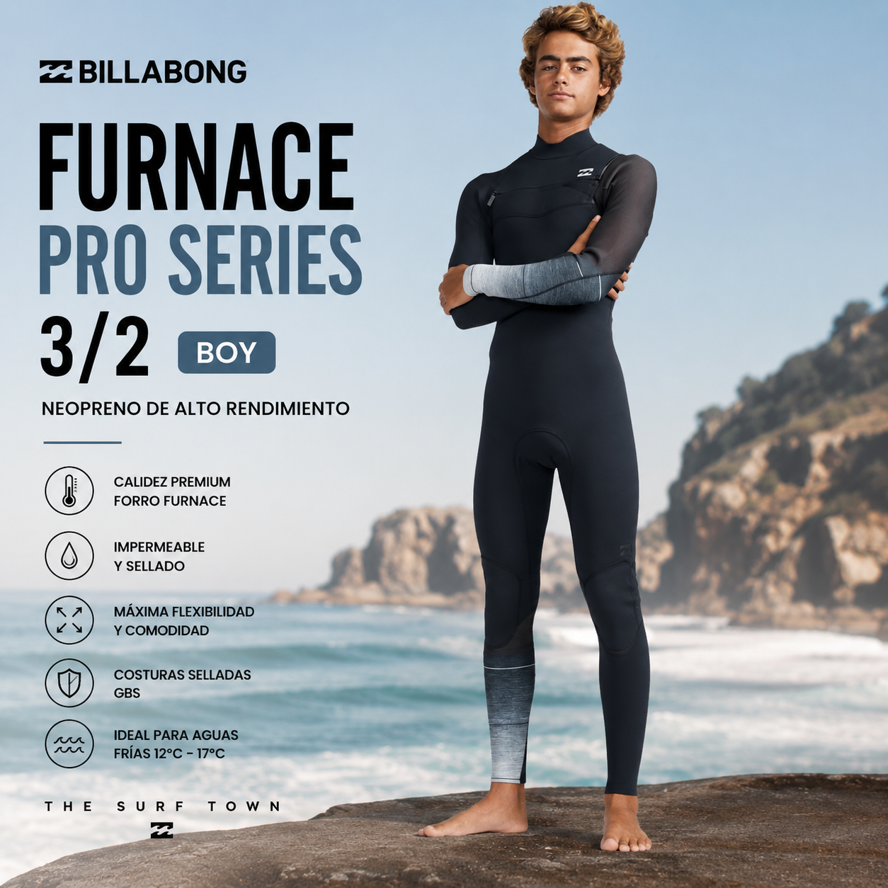 Neopreno BOY Billabong Furnace Pro Series 3/2 en fotografía editorial propia de THE SURF TOWN, neopreno infantil de surf para niño con máxima flexibilidad y rendimiento en aguas frías